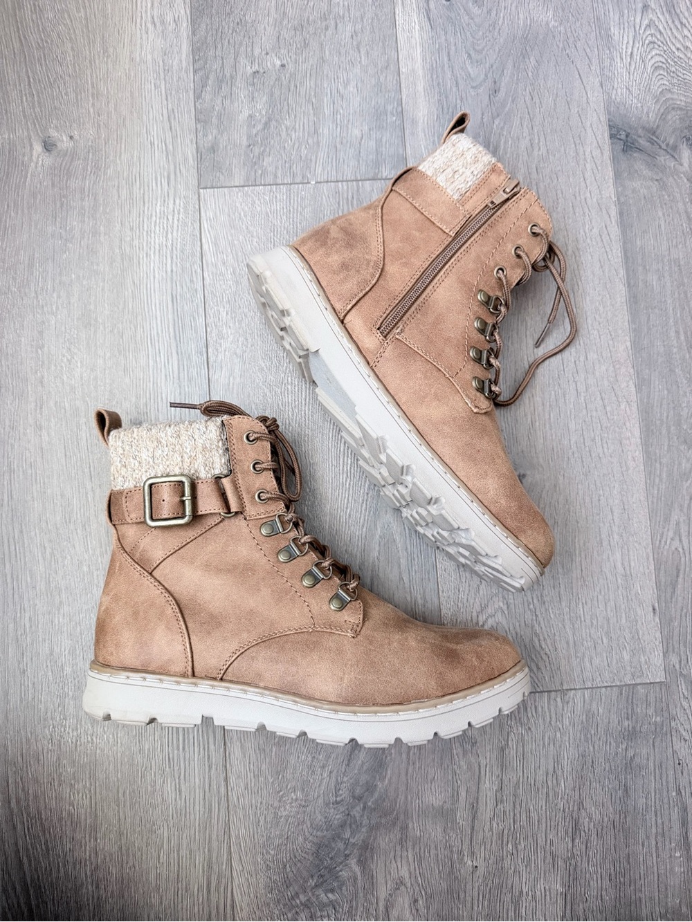 Sonoma Taupe Lace-Up Knit-Cuff Ankle Boots